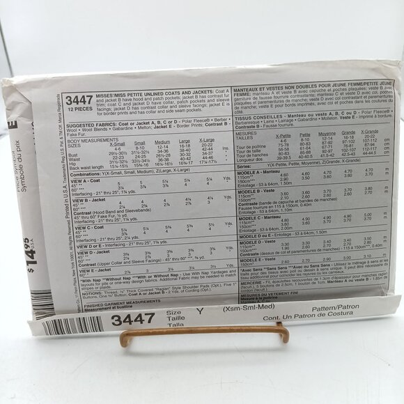 UNCUT Vintage McCalls 3447 Misses & Miss Petite Unlined Coats & Jackets Sewing - Picture 2 of 2